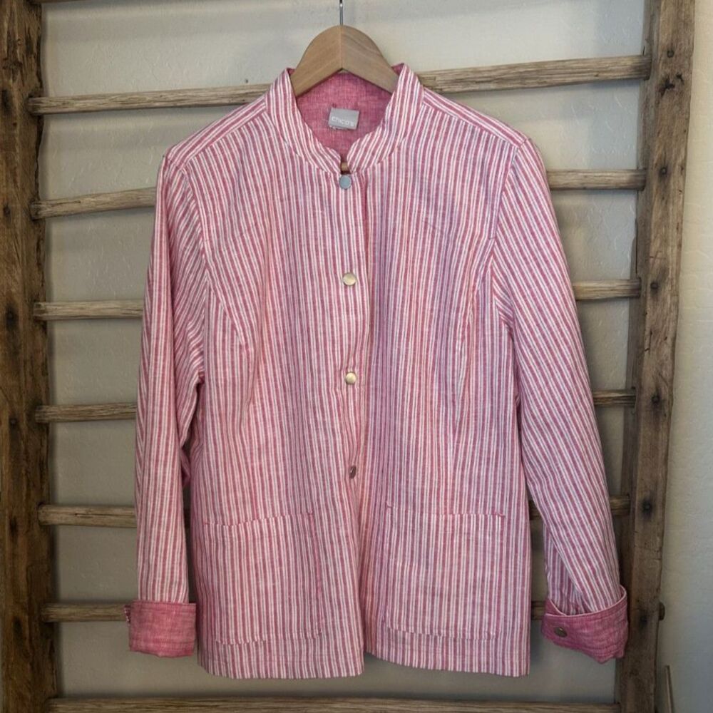 Chico's NWT Reversible Linen Jacket Size 2 L Pink Railroad Stripe $139